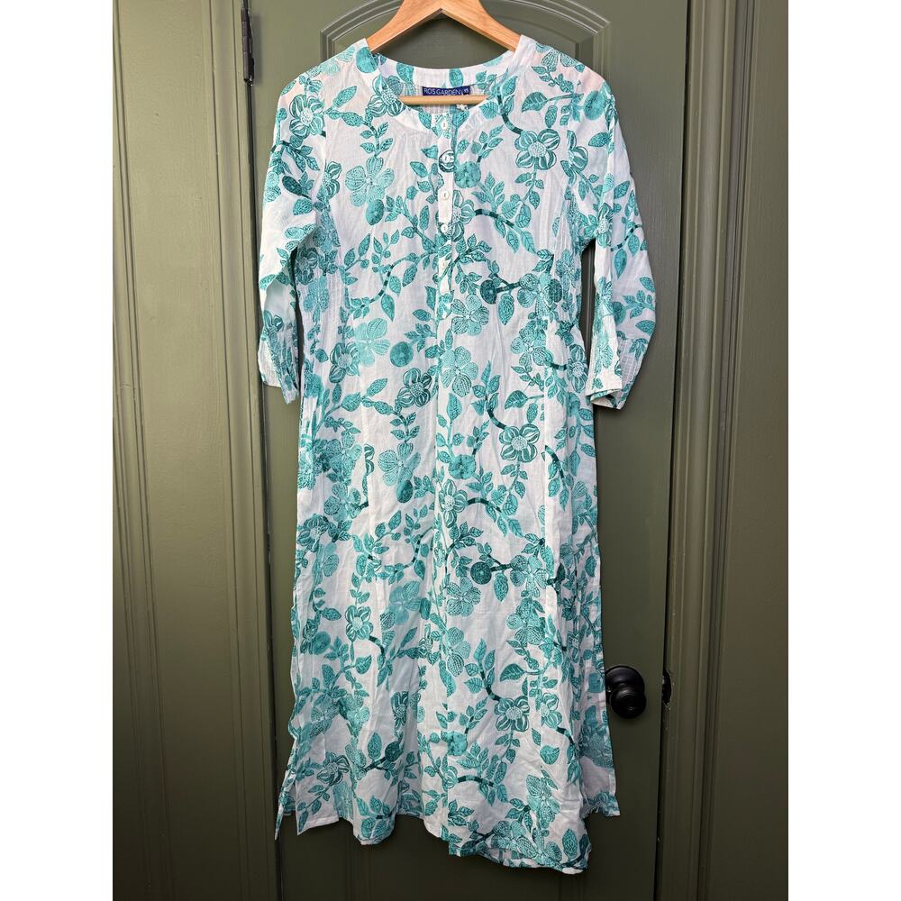 NWT Ro's Garden Diana Long Midi Kurta Kaftan Resort Dress Aqua Cassis White XS